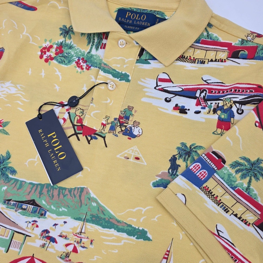 POLO RALPH LAUREN BEAR ALOHA POLO MENS SMALL TROPICAL ALL OVER PRINT YELLOW NEW